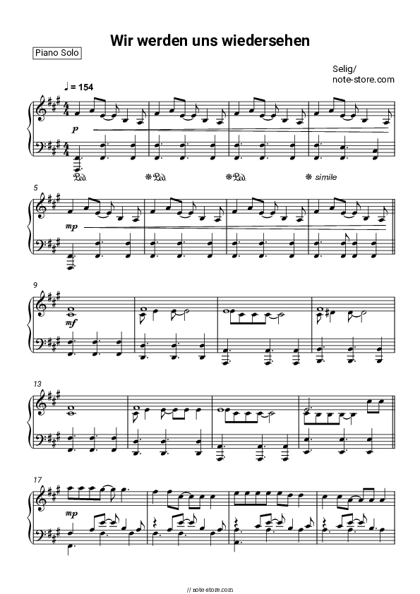 Wir werden uns wiedersehen - Selig Piano Sheet Music - Piano.Solo