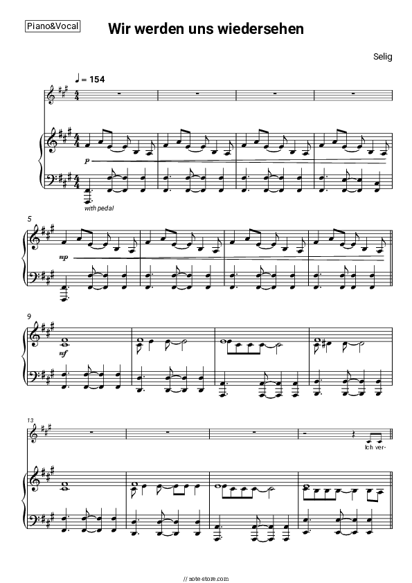 Wir werden uns wiedersehen - Selig Piano Sheet Music with the Voice part - Piano&Vocal
