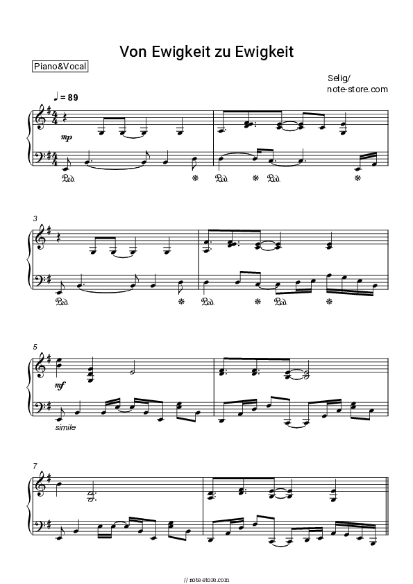 Von Ewigkeit zu Ewigkeit - Selig Piano Sheet Music with the Voice part - Piano&Vocal