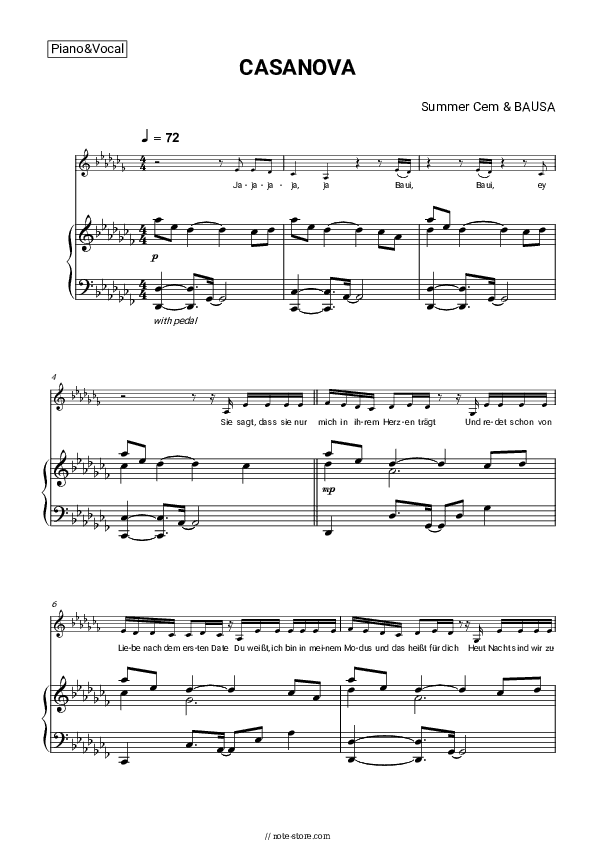 Casanova - Summer Cem, Bausa Piano Sheet Music with the Voice part - Piano&Vocal