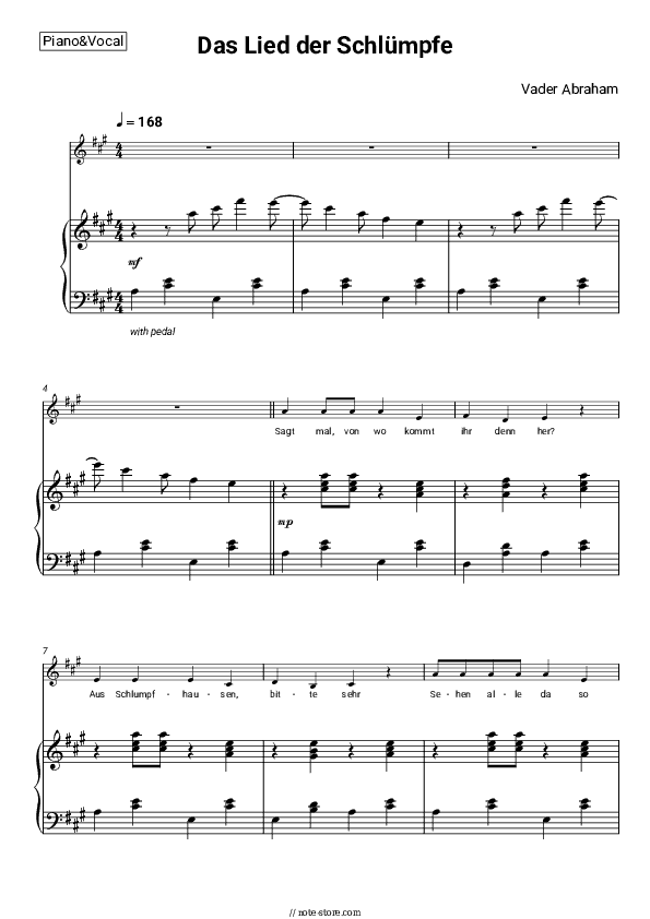 Das Lied der Schlümpfe - Vader Abraham Piano Sheet Music with the Voice part - Piano&Vocal