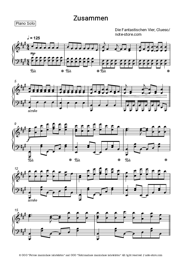 Zusammen - Die Fantastischen Vier, Clueso Piano Sheet Music - Piano.Solo