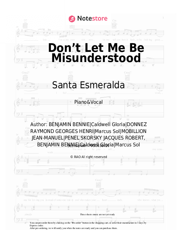 Don’t Let Me Be Misunderstood - Santa Esmeralda Piano Sheet Music with the Voice part - Piano&Vocal
