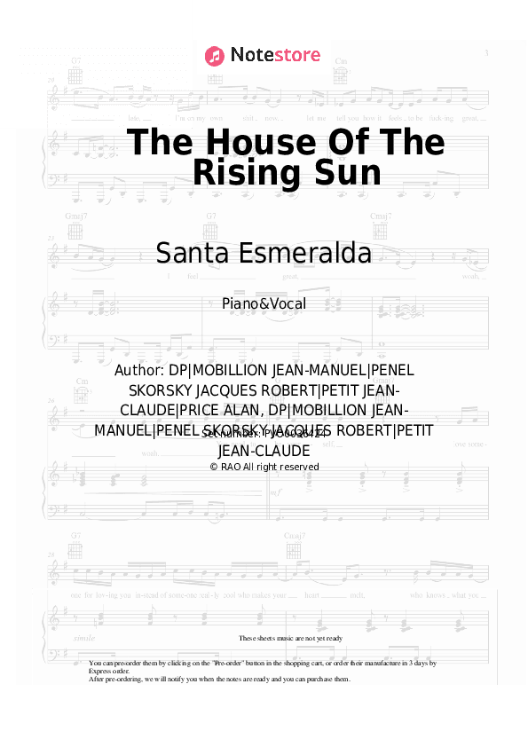 The House Of The Rising Sun - Santa Esmeralda Piano Sheet Music with the Voice part - Piano&Vocal