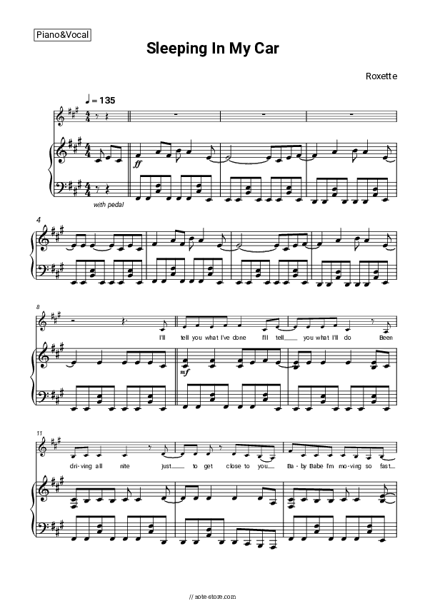 Sleeping In My Car - Roxette Piano Sheet Music with the Voice part - Piano&Vocal