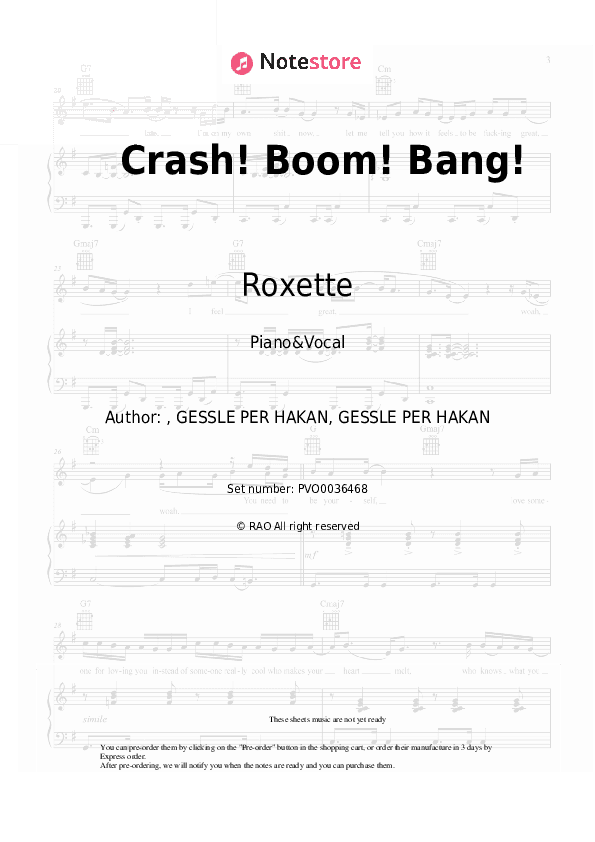 Crash! Boom! Bang! - Roxette Piano Sheet Music with the Voice part - Piano&Vocal