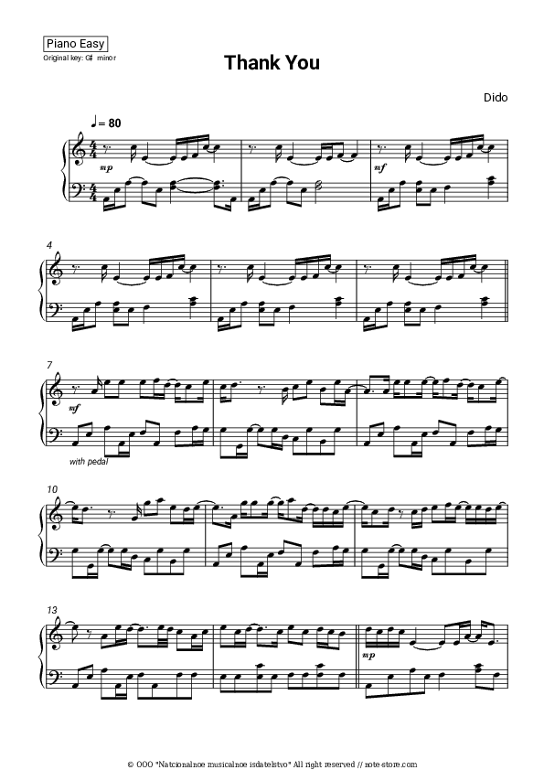 Thank You - Dido Piano Sheet Music Easy - Piano.Easy