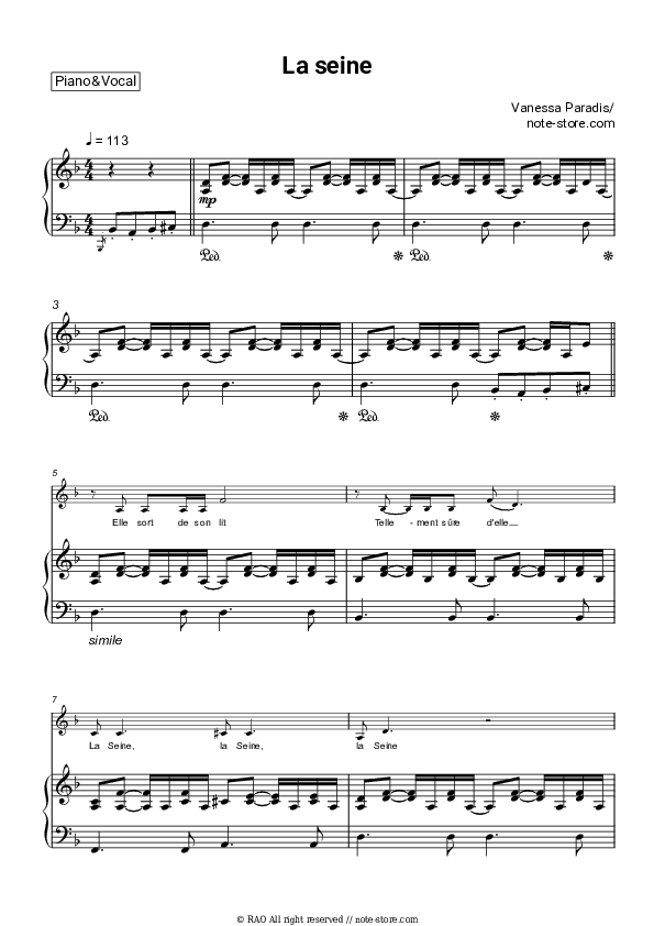 La seine - Vanessa Paradis, -M- (Matthieu Chedid) Piano Sheet Music with the Voice part - Piano&Vocal