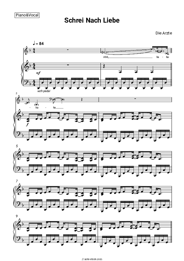 Schrei Nach Liebe - Die Ärzte Piano Sheet Music with the Voice part - Piano&Vocal