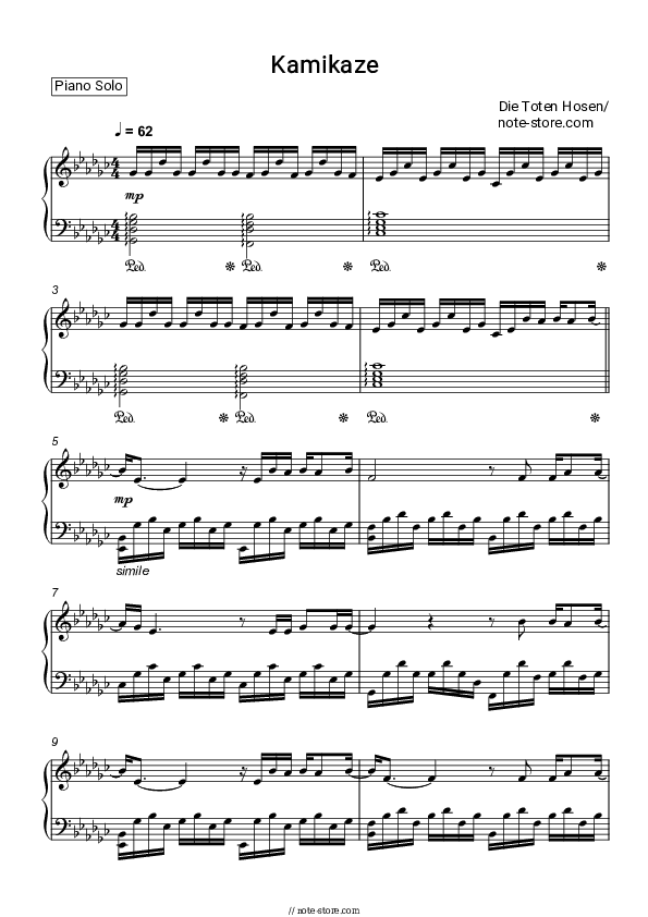 Kamikaze - Die Toten Hosen Piano Sheet Music - Piano.Solo