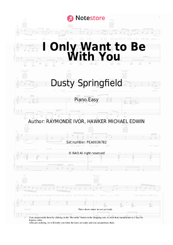 I Only Want to Be With You - Dusty Springfield Piano Sheet Music Easy - Piano.Easy
