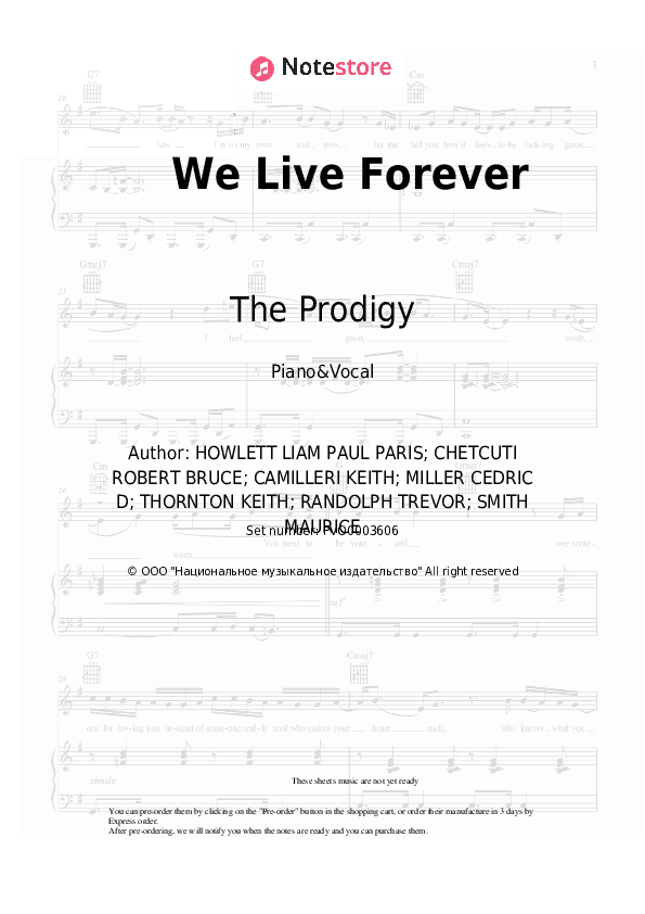 We Live Forever - The Prodigy Piano Sheet Music with the Voice part - Piano&Vocal