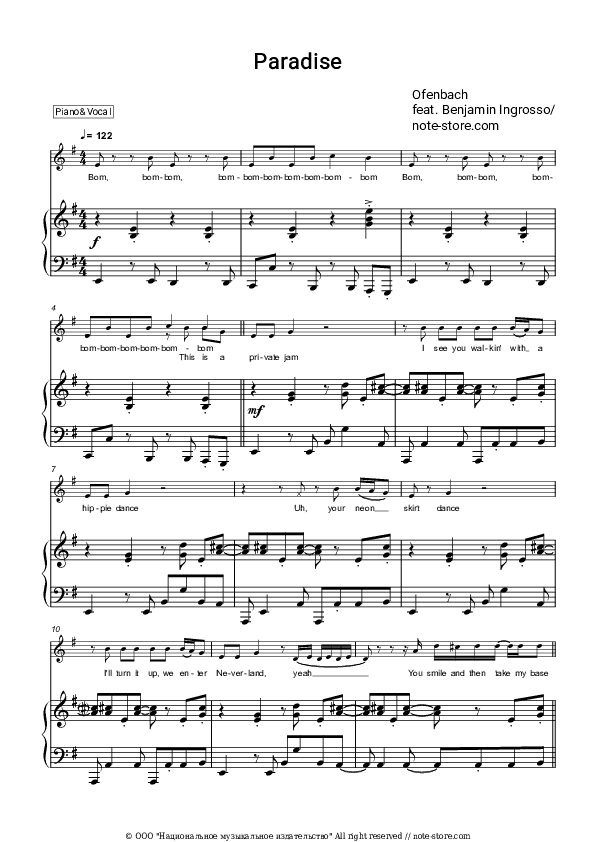 Paradise - Ofenbach, Benjamin Ingrosso Piano Sheet Music with the Voice part - Piano&Vocal