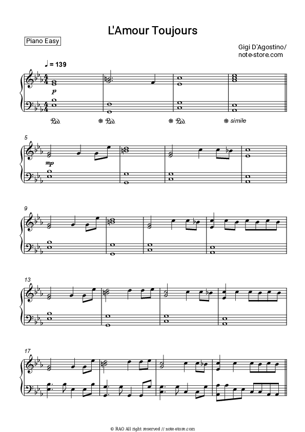 L'Amour Toujours - Gigi D'Agostino Piano Sheet Music Easy - Piano.Easy