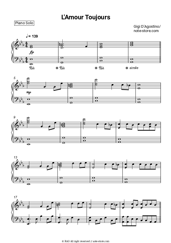 L'Amour Toujours - Gigi D'Agostino Piano Sheet Music - Piano.Solo