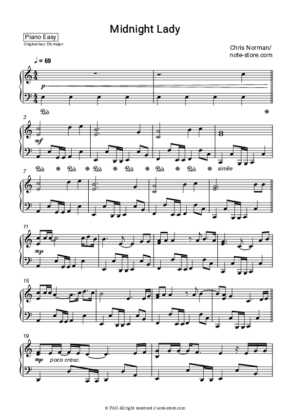 Midnight Lady - Chris Norman Piano Sheet Music Easy - Piano.Easy