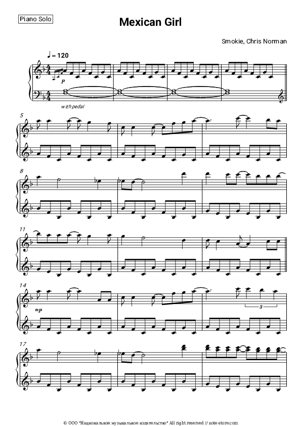 Mexican Girl - Smokie, Chris Norman Piano Sheet Music - Piano.Solo