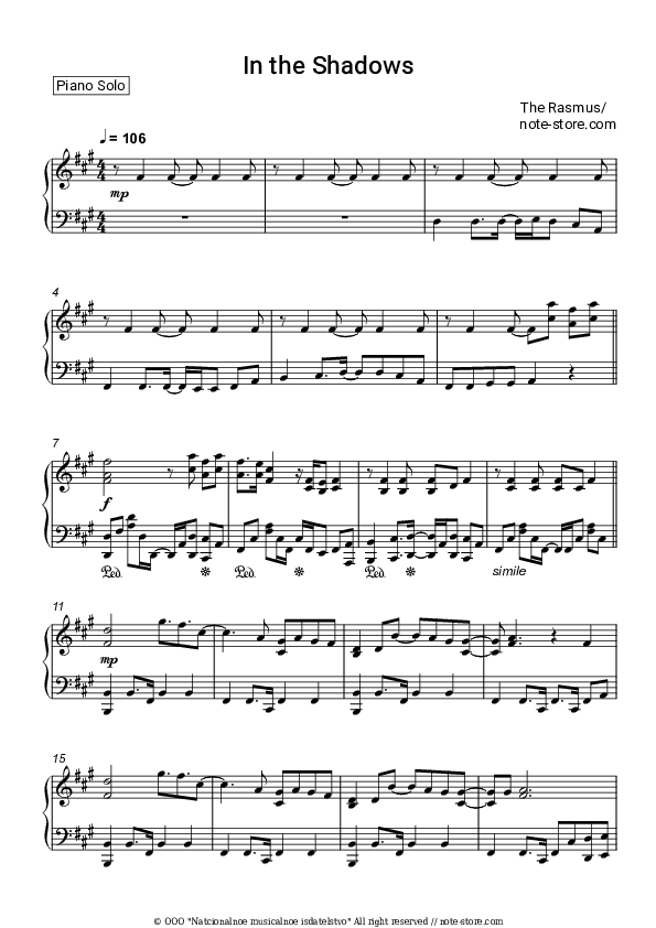 In the Shadows - The Rasmus Piano Sheet Music - Piano.Solo