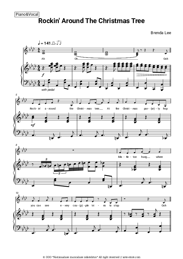 Rockin' Around The Christmas Tree - Brenda Lee Piano Sheet Music with the Voice part - Piano&Vocal