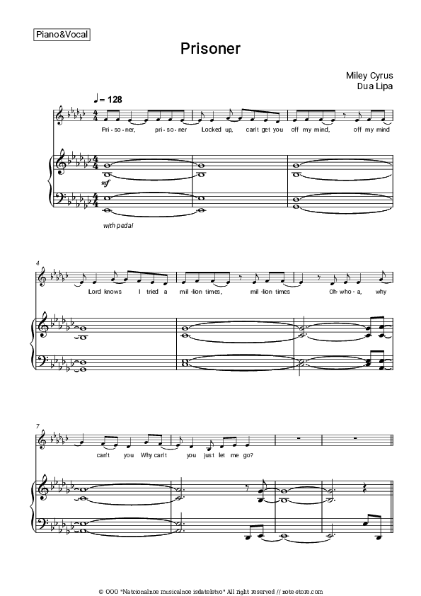 Prisoner - Miley Cyrus, Dua Lipa Piano Sheet Music with the Voice part - Piano&Vocal