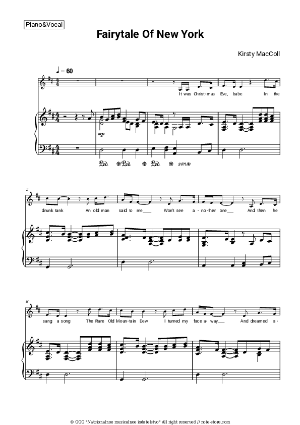 Fairytale Of New York - The Pogues, Kirsty MacColl Piano Sheet Music with the Voice part - Piano&Vocal