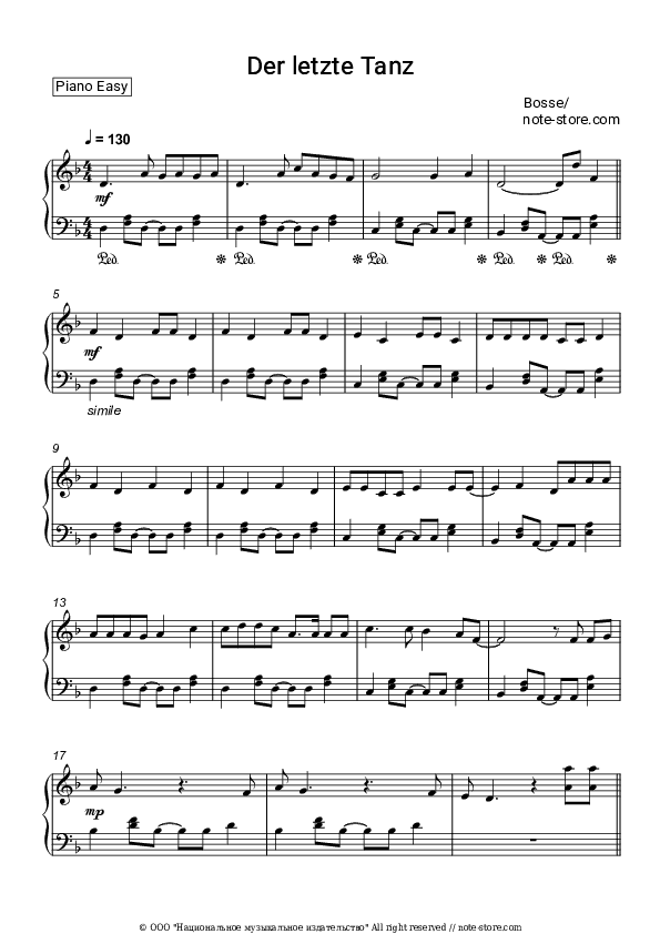 Der letzte Tanz - Bosse Piano Sheet Music Easy - Piano.Easy