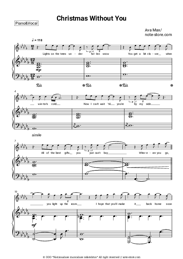 Christmas Without You - Ava Max Piano Sheet Music with the Voice part - Piano&Vocal