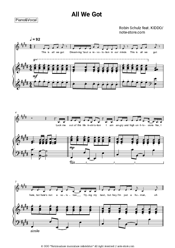 All We Got - Robin Schulz, KIDDO Piano Sheet Music with the Voice part - Piano&Vocal