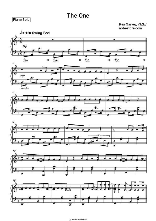 The One - Rea Garvey, VIZE Piano Sheet Music - Piano.Solo