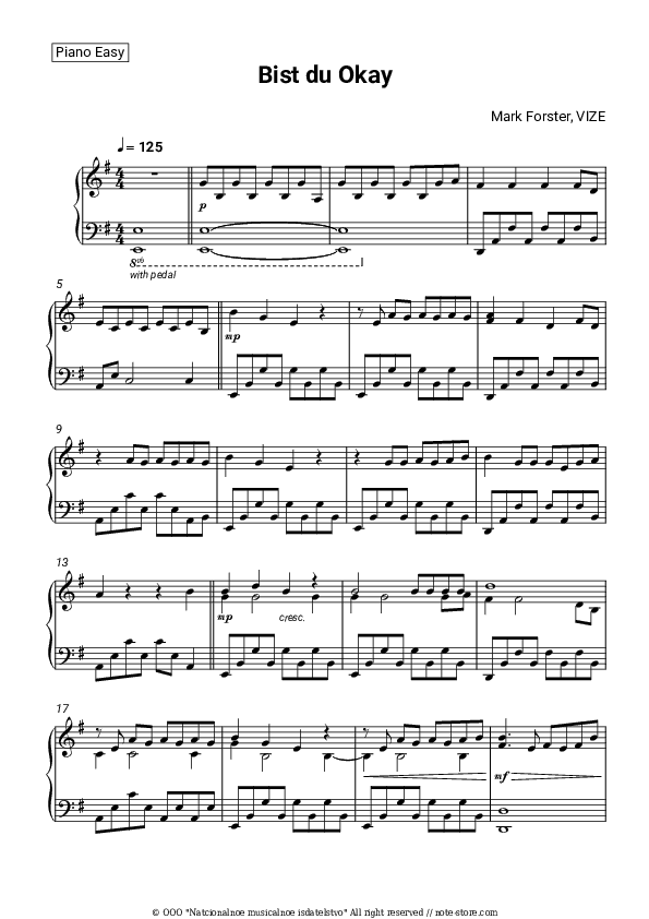 Bist du Okay - Mark Forster, VIZE Piano Sheet Music Easy - Piano.Easy