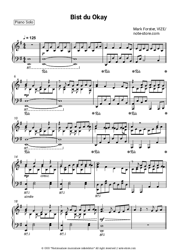 Bist du Okay - Mark Forster, VIZE Piano Sheet Music - Piano.Solo