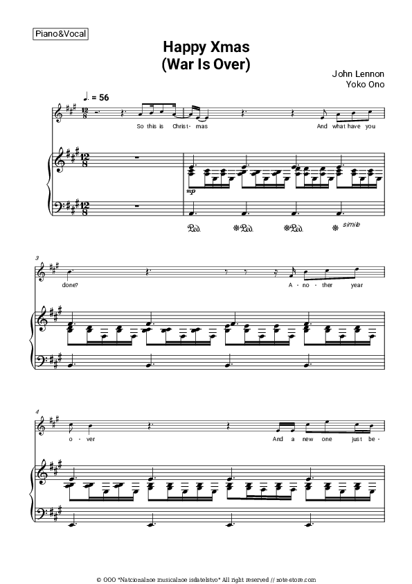 Happy Xmas (War Is Over) - John Lennon, Yoko Ono Piano Sheet Music with the Voice part - Piano&Vocal