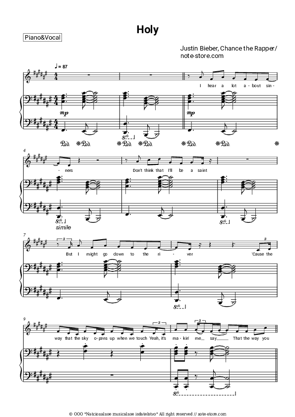 Holy - Justin Bieber, Chance the Rapper Piano Sheet Music with the Voice part - Piano&Vocal