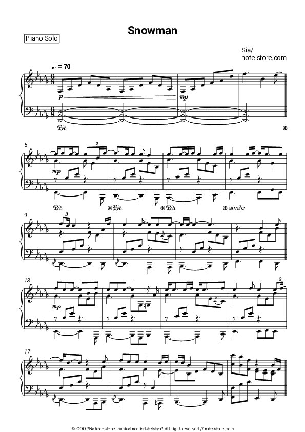 Snowman - Sia Piano Sheet Music - Piano.Solo