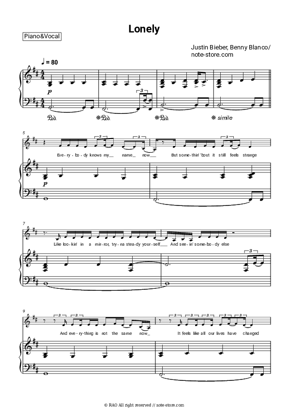 Lonely - Justin Bieber, Benny Blanco Piano Sheet Music with the Voice part - Piano&Vocal