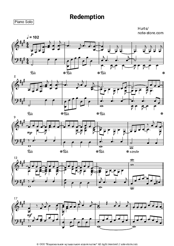 Redemption - Hurts Piano Sheet Music - Piano.Solo