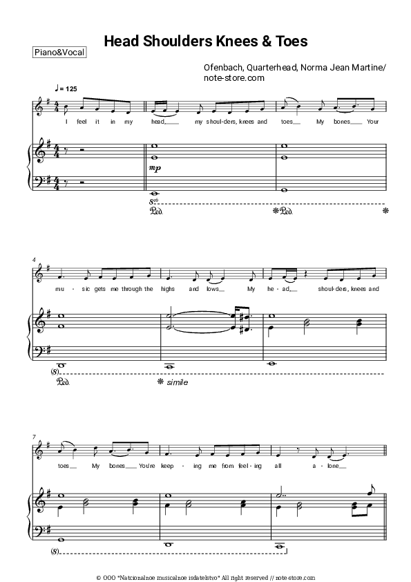 Head Shoulders Knees & Toes - Ofenbach, Quarterhead, Norma Jean Martine Piano Sheet Music with the Voice part - Piano&Vocal