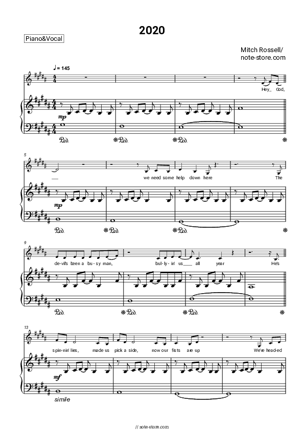 2020 - Mitch Rossell Piano Sheet Music with the Voice part - Piano&Vocal