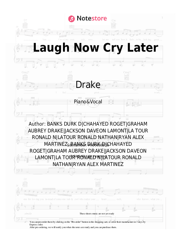 Laugh Now Cry Later - Drake, Lil Durk Piano Sheet Music with the Voice part - Piano&Vocal