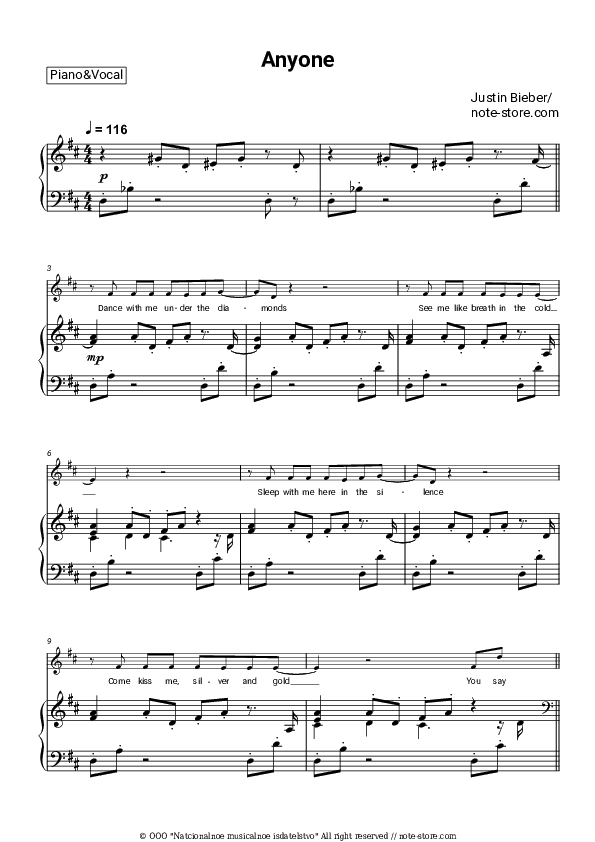 Anyone - Justin Bieber Piano Sheet Music with the Voice part - Piano&Vocal