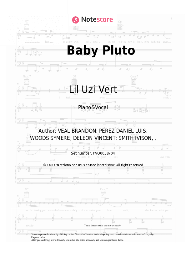 Baby Pluto - Lil Uzi Vert Piano Sheet Music with the Voice part - Piano&Vocal