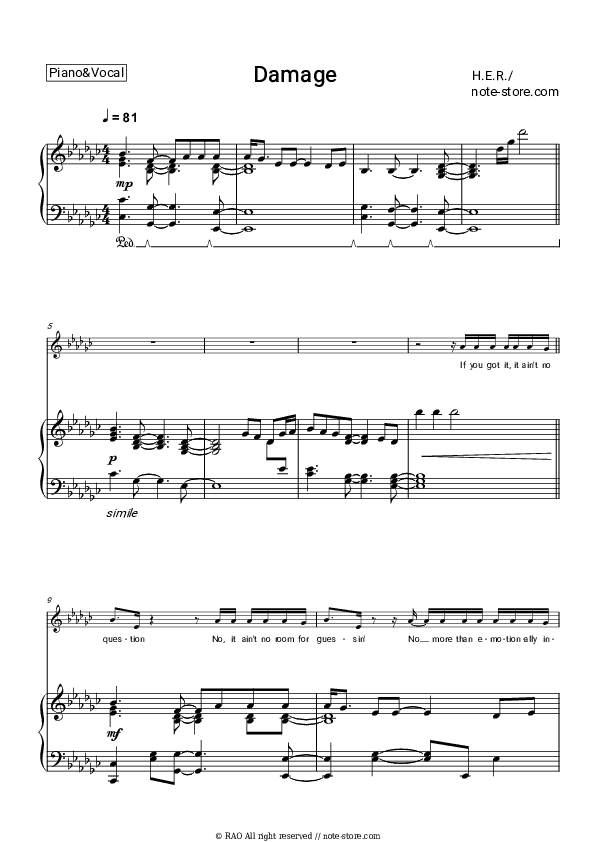 Damage - H.E.R. Piano Sheet Music with the Voice part - Piano&Vocal