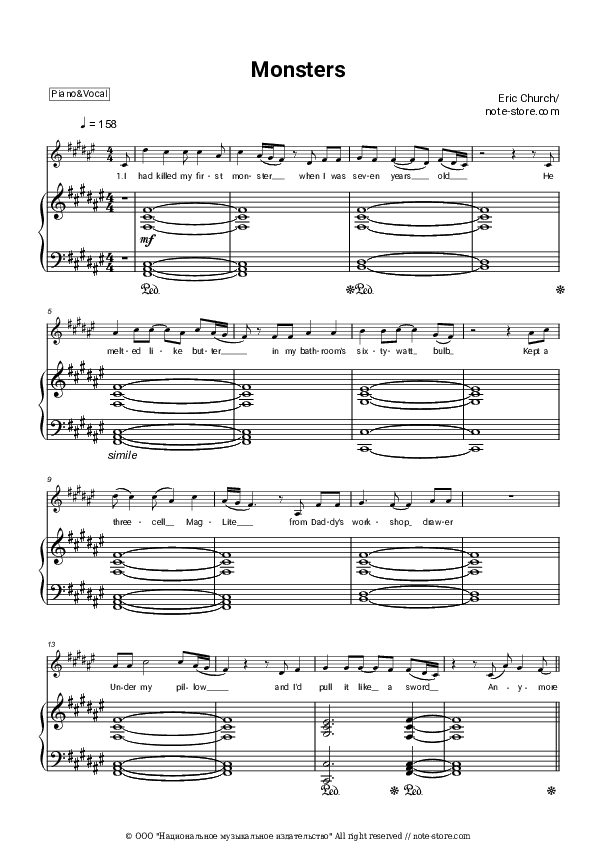 Monsters - Eric Church Piano Sheet Music with the Voice part - Piano&Vocal