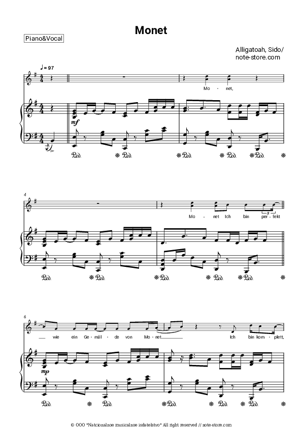 Monet - Alligatoah, Sido Piano Sheet Music with the Voice part - Piano&Vocal