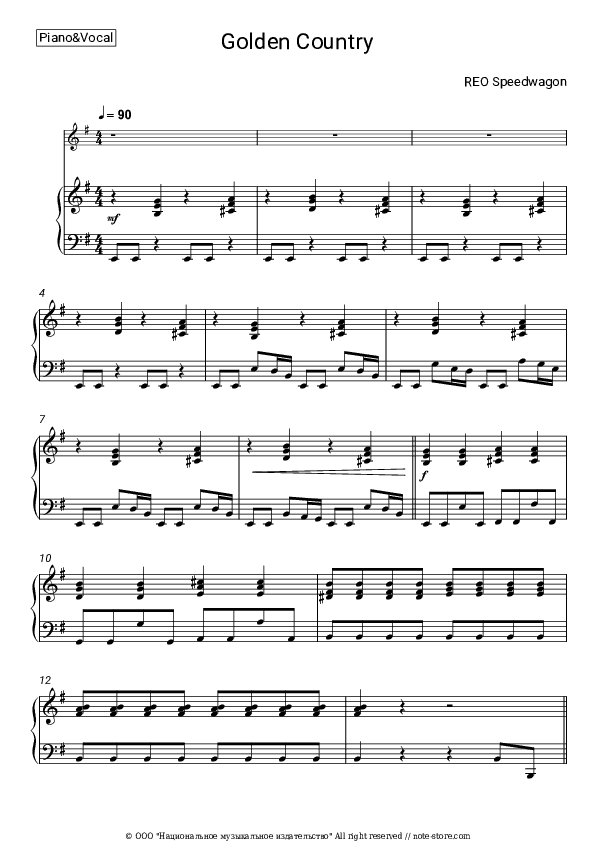 Golden Country - REO Speedwagon Piano Sheet Music with the Voice part - Piano&Vocal