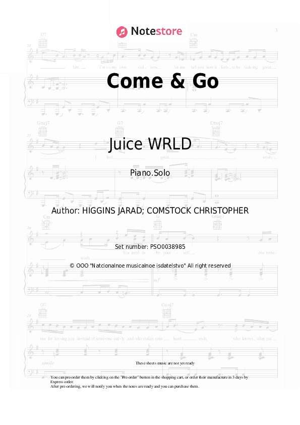 Come & Go - Juice WRLD, Marshmello Piano Sheet Music - Piano.Solo