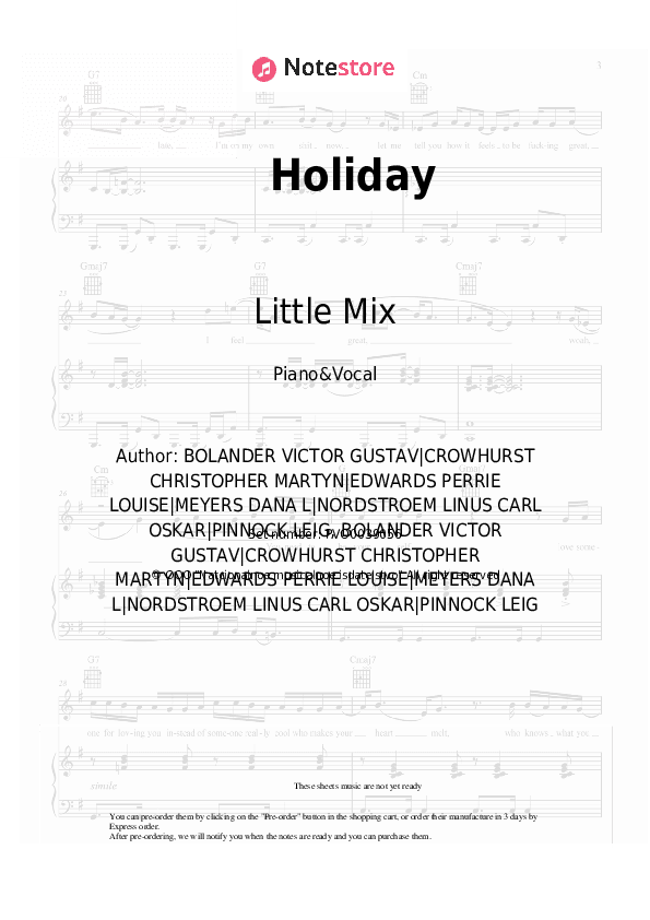 Holiday - Little Mix Piano Sheet Music with the Voice part - Piano&Vocal