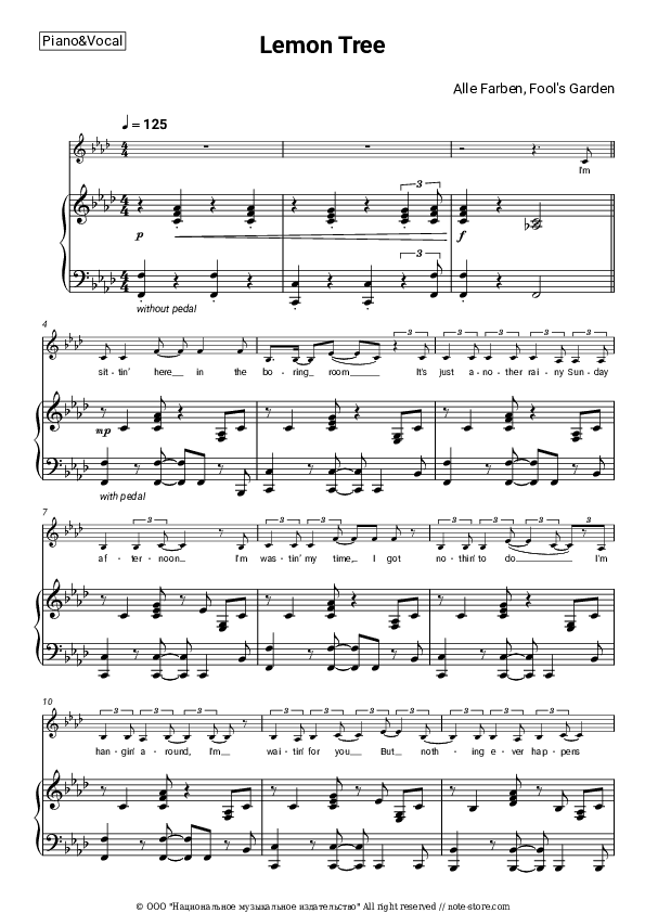 Lemon Tree - Alle Farben, Fool's Garden Piano Sheet Music with the Voice part - Piano&Vocal