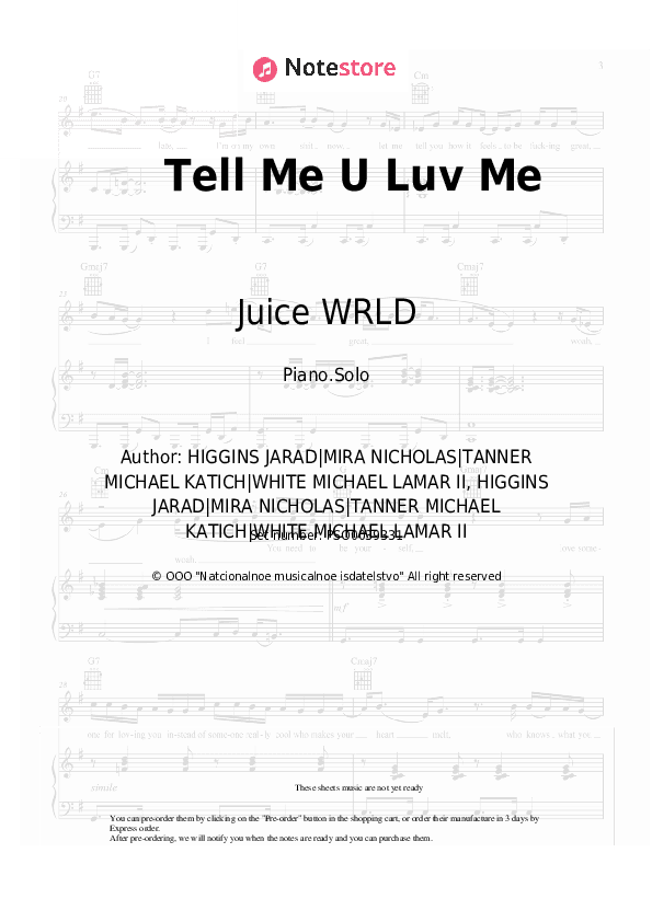 Tell Me U Luv Me - Juice WRLD, Trippie Redd Piano Sheet Music - Piano.Solo