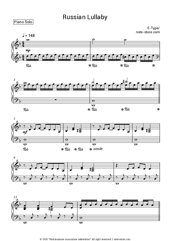 Russian Lullaby - E-Type Piano Sheet Music - Piano.Solo